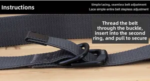 Detail of grey stretch nylon belt showing the double D-ring buckle and adjustment method