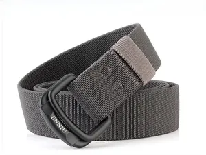 Close-up of dark grey elastic nylon tactical belt with matte black double D-ring metal buckle