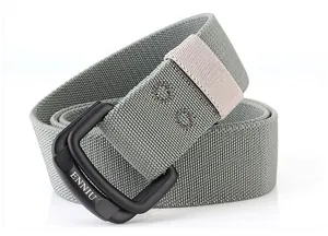 Detailed macro view of gray elastic nylon web belt with matte black double ring buckle