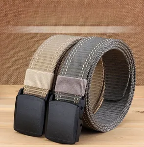 Close-up of YKK plastic buckles on thick nylon belts in khaki and olive green