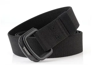 Detail of black elastic nylon belt with double D-ring buckle and brand lettering
