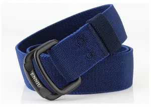 Detail of navy nylon stretch belt featuring black double D-ring metal buckle and logo