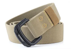 Detail of khaki nylon tactical belt with black double ring buckle and enniu logo