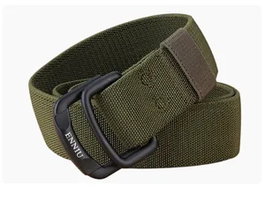 Detail of army green elastic nylon belt with black double D-ring matte alloy buckle
