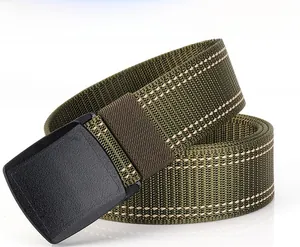 Macro detail of military green nylon tactical belt with durable black YKK buckle