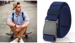 Close-up of a durable dark blue elastic belt with a sleek black matte plastic POM buckle
