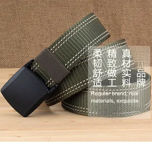 Detail of army green nylon webbing belt featuring YKK plastic buckle and white stitching