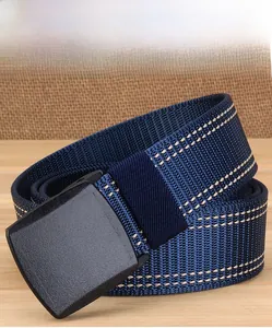 Detail of navy blue nylon belt with beige side stripes and black YKK buckle head