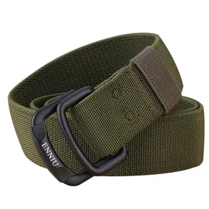Army green tactical nylon stretch belt with black double D-ring metal buckle