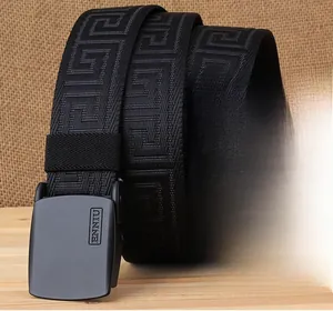 Detail of black nylon tactical belt with Greek key pattern and alloy automatic buckle