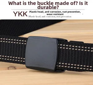 Close-up of black tactical nylon belt with durable plastic buckle and reinforced stitching