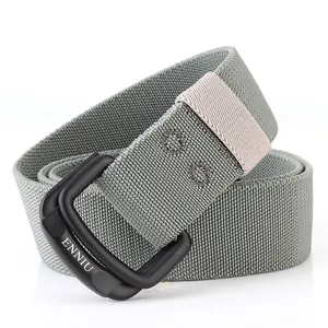 Men's gray elastic nylon belt with black double D-ring buckle and matte finish