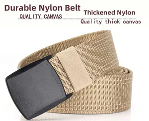 Close-up of thickened khaki nylon belt strap and matte black YKK buckle texture