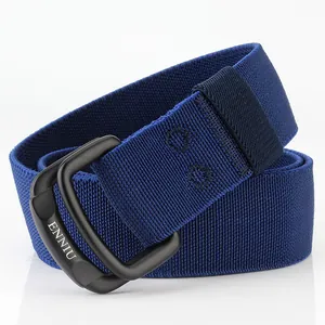 Navy blue elastic nylon stretch belt with matte black double D-ring buckle