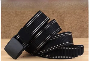 Detail of thickened nylon belt with YKK plastic buckle and white double stitching