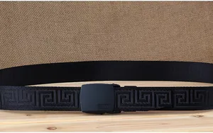Macro detail of black canvas belt featuring Greek Key pattern and matte automatic buckle