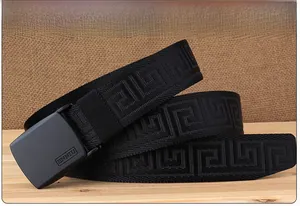 Detail of black nylon belt with Greek fret pattern and anti-allergy matte buckle