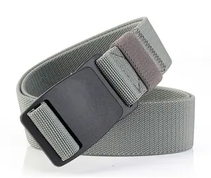 Detail of army green elastic belt with black POM buckle and secure tail loop