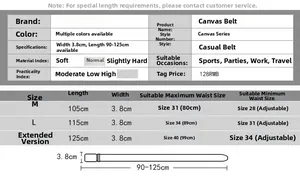 Size chart for 3.8cm canvas outdoor belt showing length options from 90cm to 125cm