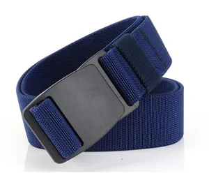Detailed view of dark blue elastic braided belt with matte black plastic POM buckle