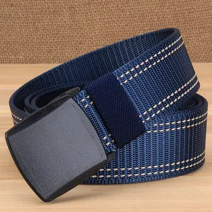 Close-up of dark blue heavy-duty nylon belt with white stitching and matte black buckle