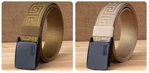 Detail of nylon tactical belts with Greek pattern webbing and matte black metal buckles