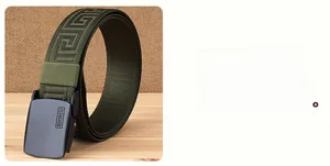 Detail of army green nylon belt with matte black buckle and woven Greek key pattern