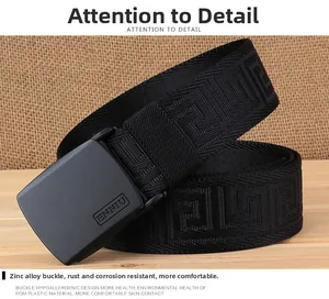 Close-up of zinc alloy automatic buckle with Greek key pattern nylon belt for men