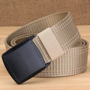 Detail of khaki heavy-duty nylon webbing belt with black YKK plastic buckle