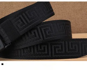 Macro detail of black nylon belt featuring a Greek key pattern and woven texture