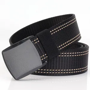 Tactical nylon belt with YKK buckle and yellow stitching on black woven strap