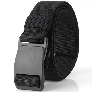 Men Elastic Nylon Tactical Belt With Plastic POM Buckle Hole-Free Adjustable Casual Woven Outdoor Sport Waist Belt