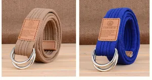 Détails des ceintures en toile tressée kaki et bleu avec boucles à double anneau en D