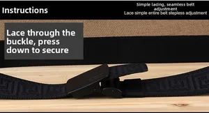 Close-up of black nylon canvas belt with matte metal buckle and Greek Key pattern