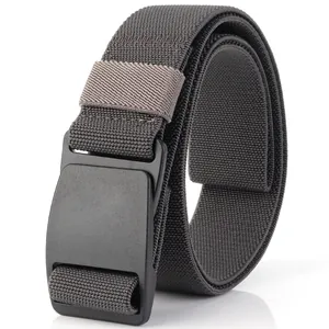 Close-up of charcoal gray tactical belt with durable matte black plastic buckle