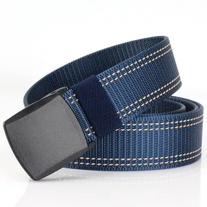 Detailed texture of navy nylon belt with yellow stitching and matte black buckle