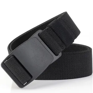 Close-up of black elastic belt with durable POM buckle and textured woven fabric