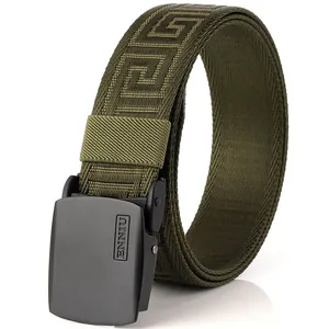 Army green nylon webbing belt with Greek key pattern and metal automatic buckle
