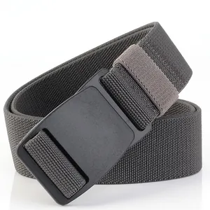 Close-up of dark grey elastic nylon belt with matte black POM plastic buckle detail
