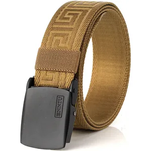 Men's khaki nylon belt featuring golden Greca patterns and a matte black buckle