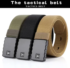 Detailed view of three tactical nylon belts in olive green, black and khaki with metal buckles