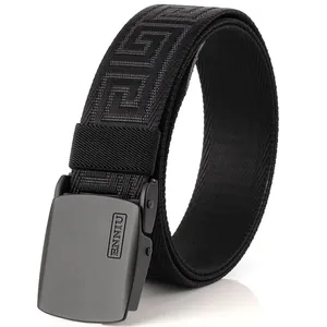 Men's black nylon tactical belt with matte grey automatic buckle and Greek key pattern