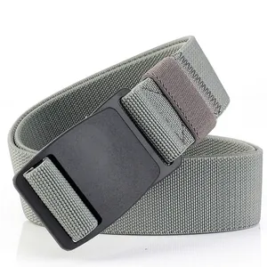 Detail shot of grey elastic woven belt with matte black POM plastic buckle on white background