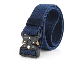 Detail of heavy duty nylon tactical belt with metal cobra buckle and strength specs