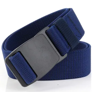 Detailed close-up of dark blue elastic woven belt with durable black plastic buckle