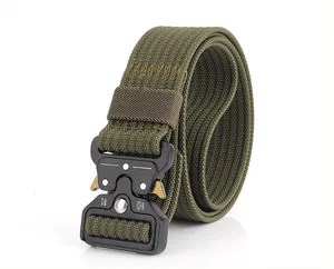 Detail of army green nylon tactical belt with black 12kN quick-release metal cobra buckle
