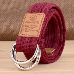 Ceinture unisexe en toile tressée bordeaux avec boucle double anneau en D et cuir de luxe