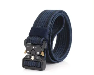 Detail of military tactical nylon belt with heavy-duty quick release metal cobra buckle
