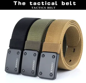 Three heavy-duty nylon tactical belts in black, green, and tan with metal buckle detail