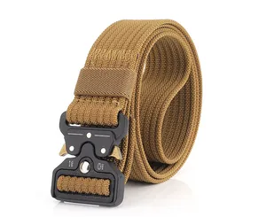 Detail of coyote brown nylon tactical belt with metal quick-release cobra buckle and 24KN load rating